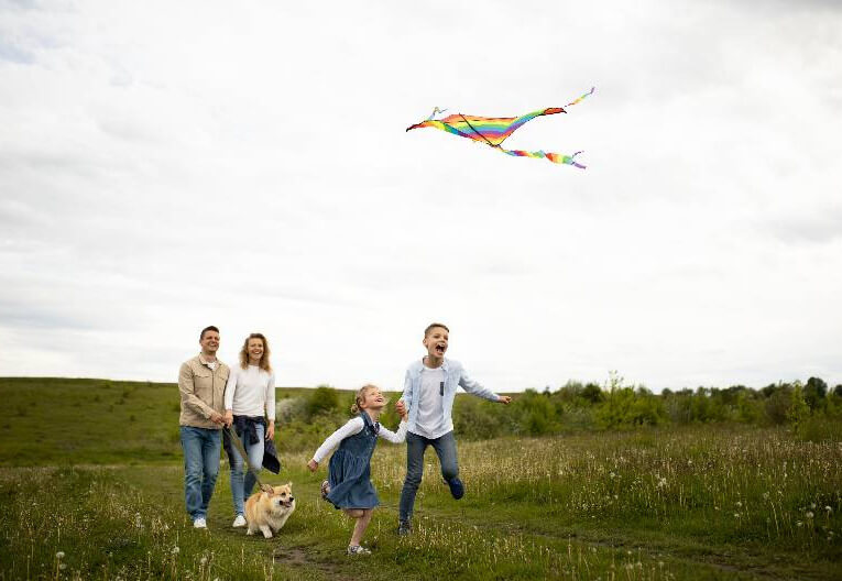 family flying kite in field
